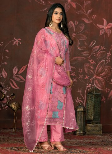 Organza Designer Salwar Kameez in Pink Enhanced with Embroidered