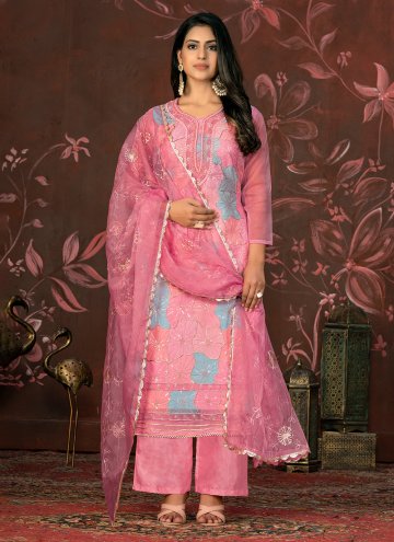 Organza Designer Salwar Kameez in Pink Enhanced with Embroidered