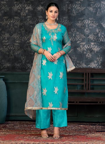 Organza Pant Style Suit in Aqua Blue Enhanced with