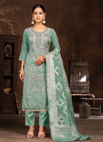 Organza Pant Style Suit in Green Enhanced with Emb
