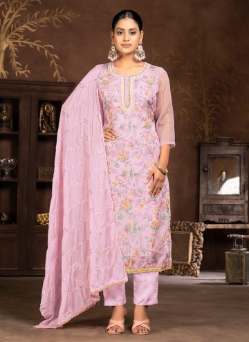 Organza Pant Style Suit in Pink Enhanced with Embr