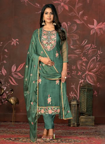 Organza Salwar Suit in Green Enhanced with Embroid