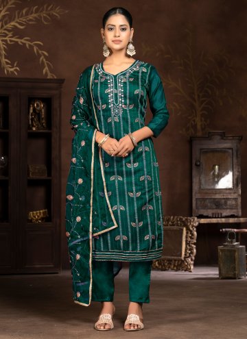 Organza Salwar Suit in Green Enhanced with Hand Work