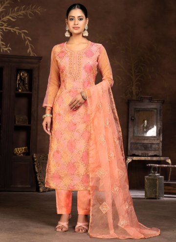 Organza Salwar Suit in Orange Enhanced with Embroidered