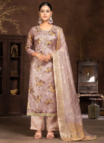 Organza Salwar Suit in Peach Enhanced with Digital Print