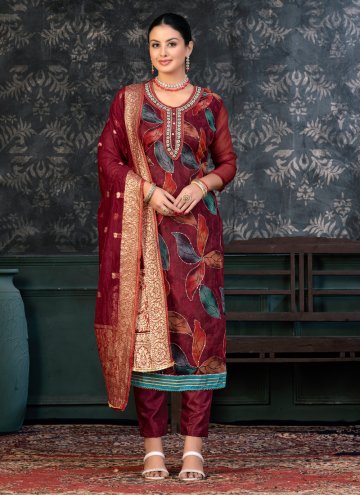 Organza Trendy Salwar Suit in Maroon Enhanced with