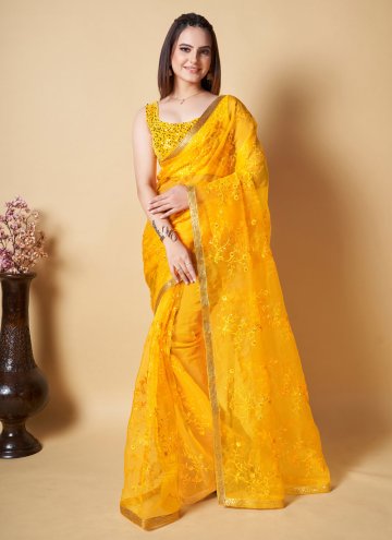 Organza Trendy Saree in Yellow Enhanced with Embro