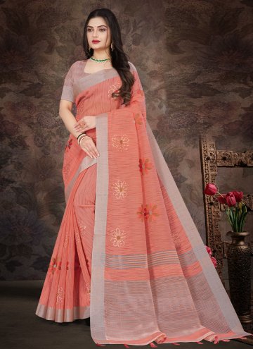 Peach color Linen Trendy Saree with Embroidered