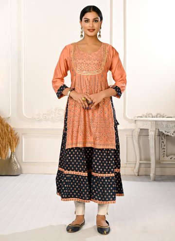 Peach Party Wear Kurti in Cotton  with Embroidered