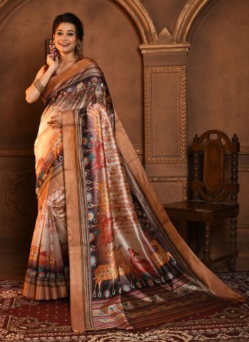 Peach Tussar Silk Printed Classic Designer Saree f