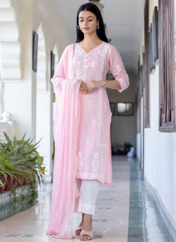Pink color Cotton  Pant Style Suit with Embroidere