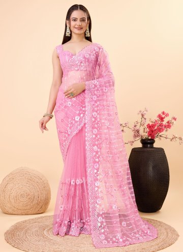 Pink color Embroidered Net Contemporary Saree