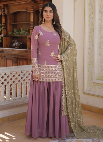 Pink color Faux Georgette Palazzo Suit with Embroidered