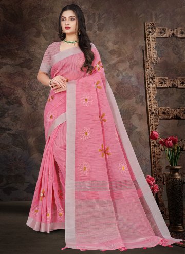 Pink color Linen Contemporary Saree with Embroidered