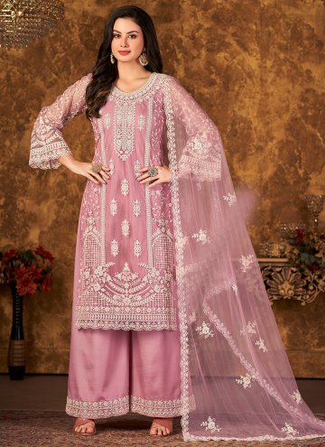 Pink color Net Palazzo Suit with Embroidered