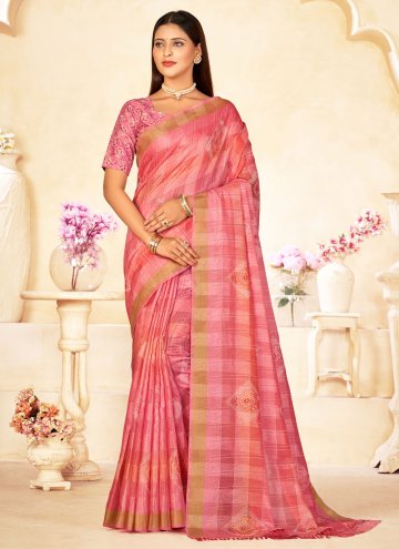 Pink color Printed Linen Contemporary Saree