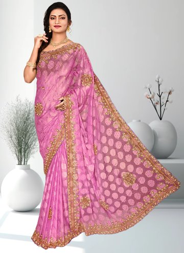 Pink color Shimmer Trendy Saree with Embroidered