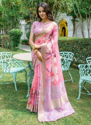 Pink Contemporary Saree in Cotton  with Digital Pr