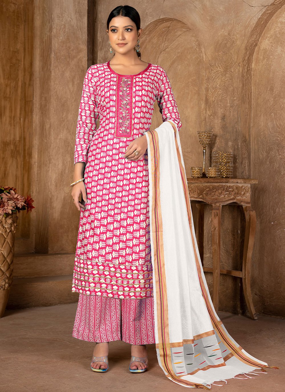 Pink Cotton  Printed Palazzo Suit for Ceremonial