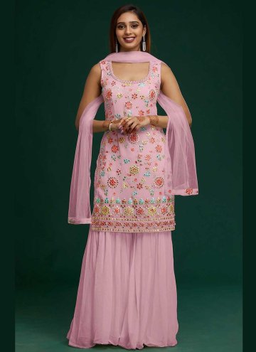 Pink Faux Georgette Embroidered Salwar Suit for Fe