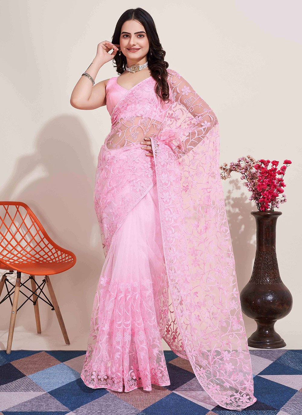 Pink Net Embroidered Casual Saree