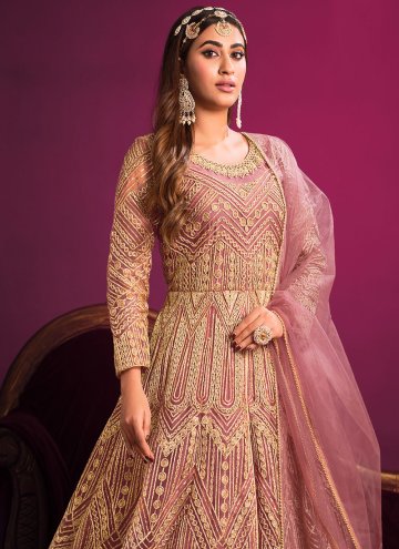Pink Net Embroidered Floor Length Leyered Salwar Suit