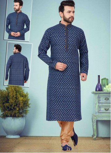Printed Cotton Silk Blue Kurta Pyjama