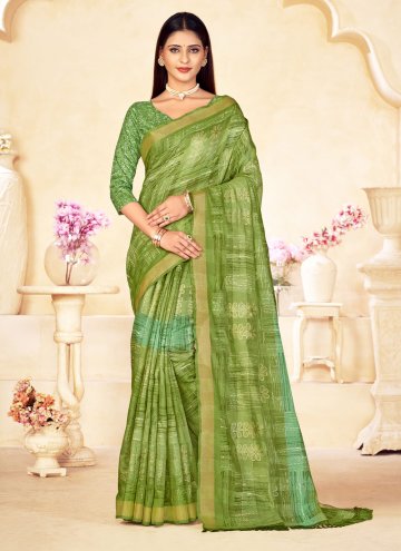 Printed Linen Green Classic Designer Saree