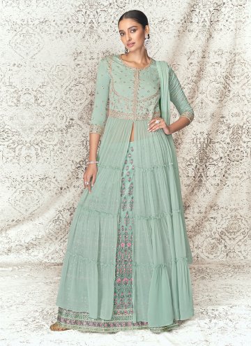 Pure Georgette Designer Lehenga Choli in Green Enhanced with Embroidered