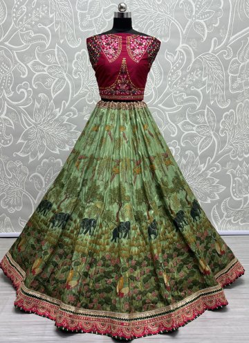 Pure Silk A Line Lehenga Choli in Green Enhanced with Embroidered