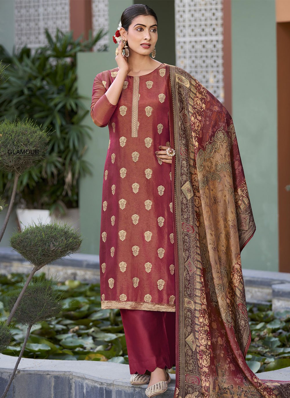 Pure Silk Designer Salwar Kameez in Maroon Enhanced with Jacquard Work