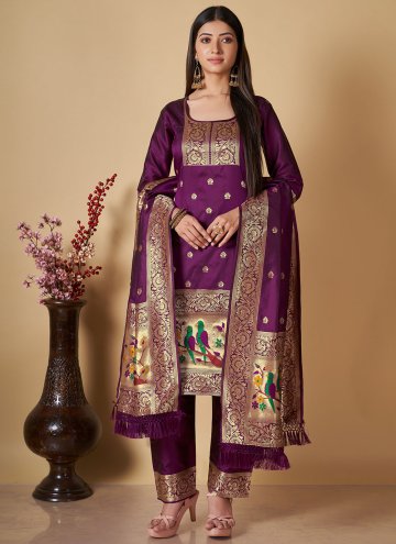 Purple color Banarasi Straight Salwar Suit with Woven