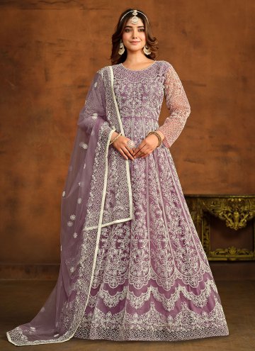 Purple color Embroidered Net Anarkali Salwar Kamee