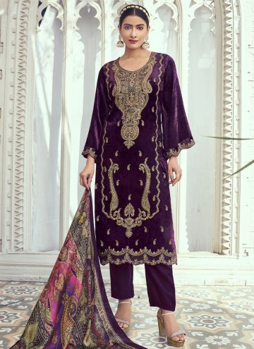 Purple color Velvet Pakistani Suit with Embroidered