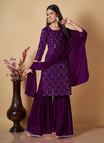 Purple Georgette Sequins Work Palazzo Suit for Cas
