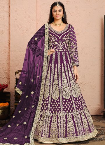 Purple Net Embroidered Designer Anarkali Salwar Ka