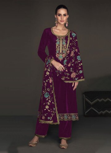 Purple Pant Style Suit in Velvet with Embroidered