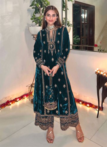 Rama color Embroidered Velvet Salwar Suit