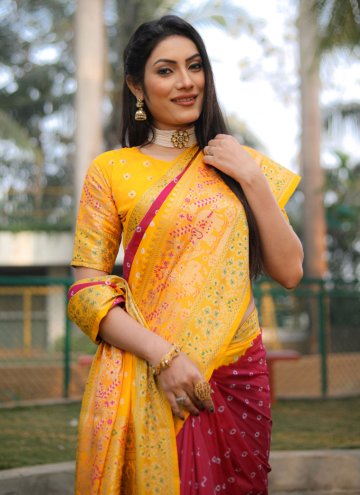 Rani and Yellow Bandhani Saree in Kanjivaram Silk with Woven