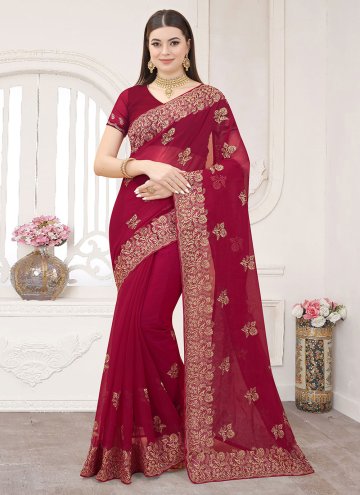 Rani color Silk Classic Designer Saree with Embroidered