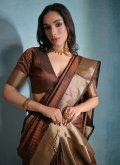 Raw Silk Classic Designer Saree in Brown Enhanced with Woven - 1