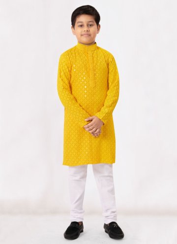 Rayon Kurta Pyjama in Yellow Enhanced with Chikank
