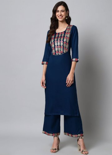 Rayon Party Wear Kurti in Navy Blue Enhanced with 