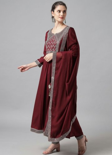 Rayon Trendy Salwar Suit in Maroon Enhanced with Embroidered