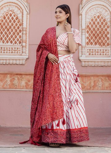 Red and White Poly Cotton Bandhej Print A Line Leh
