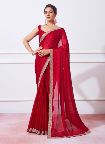 Red Classic Designer Saree in Silk with Swarovski