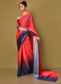 Red color Chinon Traditional Saree with Plain Work - 2