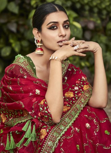 Red color Embroidered Organza Trendy Saree