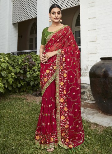 Red color Embroidered Organza Trendy Saree