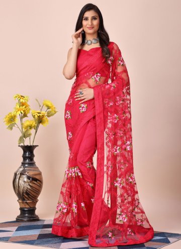 Red color Net Trendy Saree with Embroidered